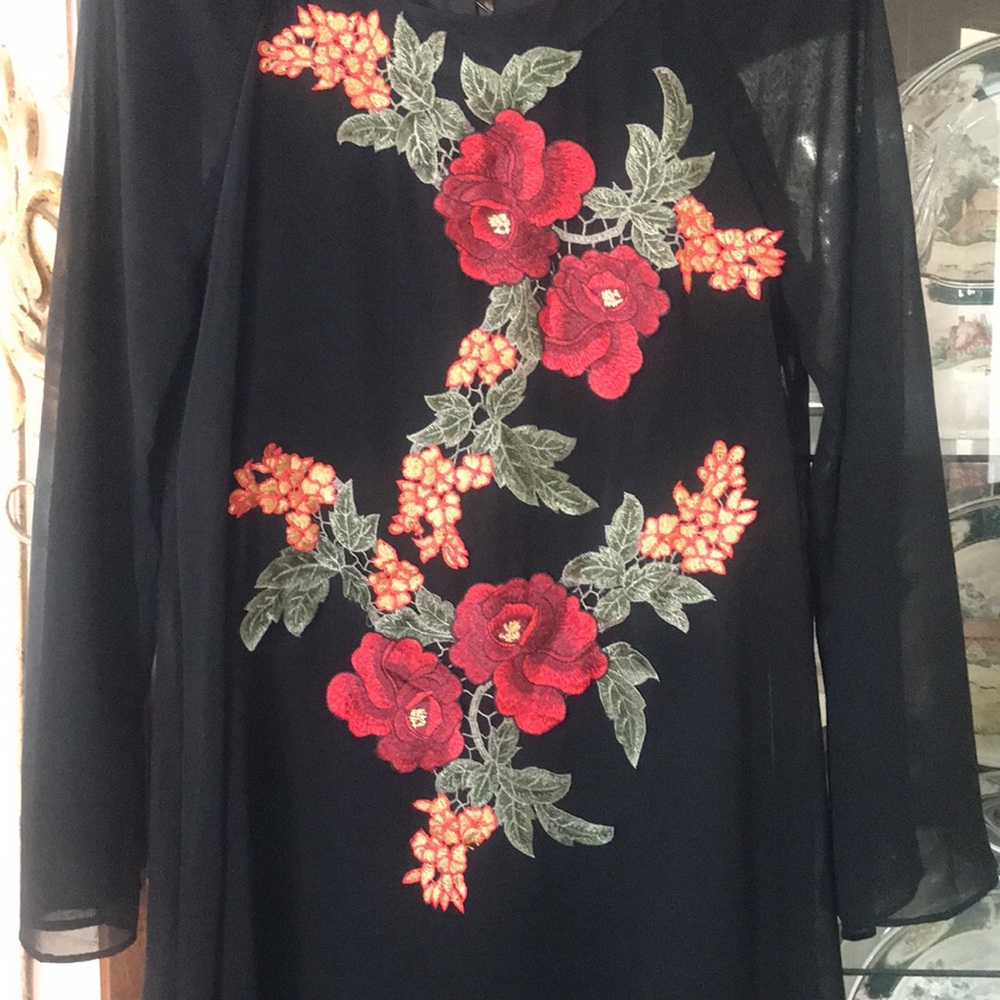 Floral Embroidered Black Blouse